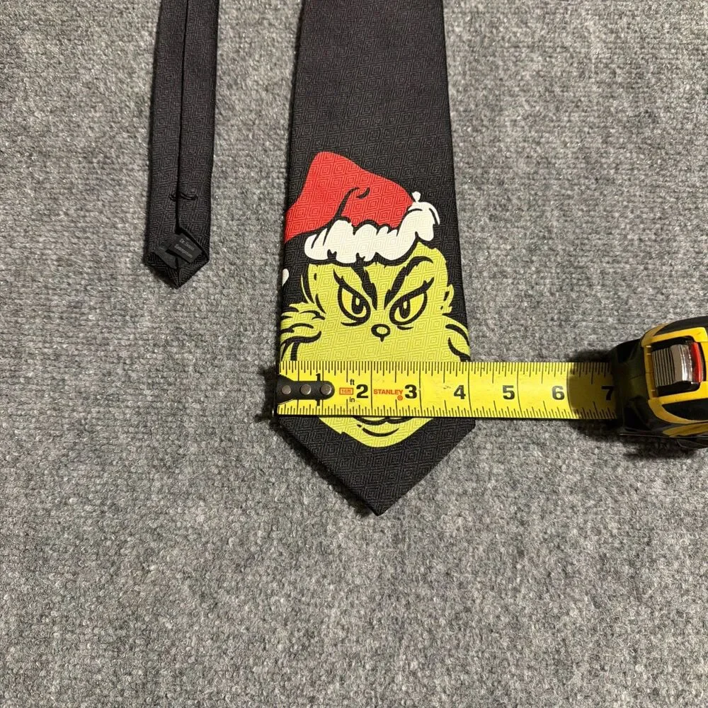 Vintage Dr Seuss Grinch Christmas Necktie Black Green Face 57” Christmas Mens